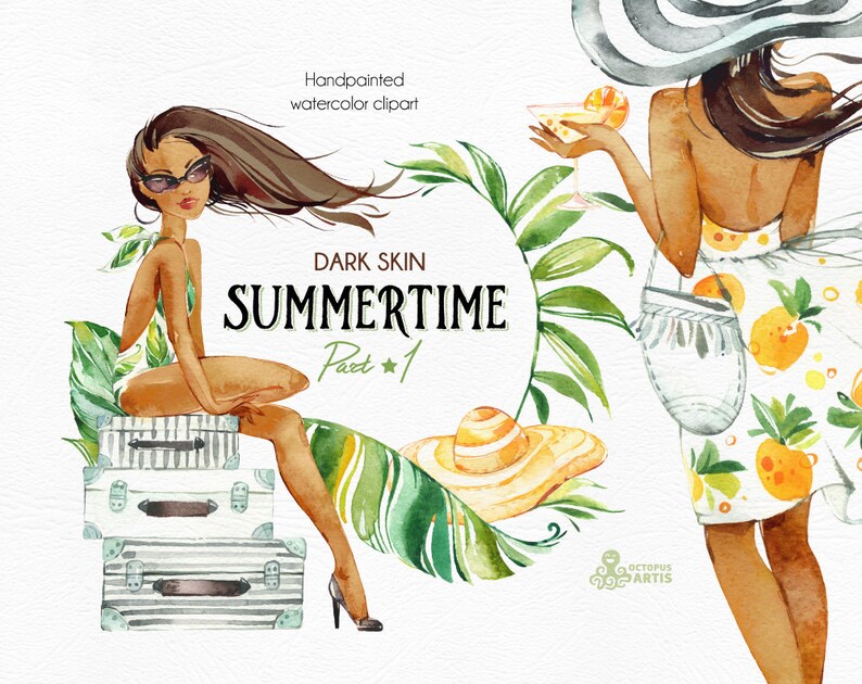 Summertime 1.Dark skin. Wreaths, Frames, Elements. Watercolor holiday clipart, girls, beach, travel, suitcase, floral, tropical leaves, trip image 1