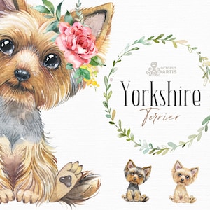 Yorkshire Terrier. Watercolor little pet clipart, yorkie, portrait, puppy, doggie, baby, flowers, kids, nursery, dog, wreath, cute, pup