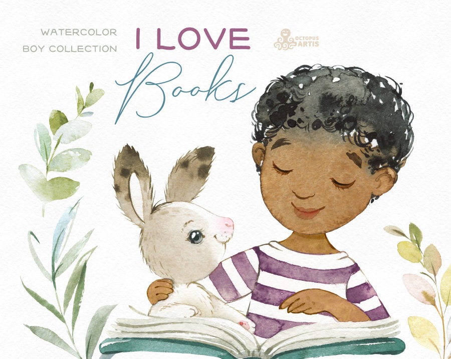 I Love Books Dark Skin Watercolor Boy Clipart, Rabbit, Reading, Outdoor,  Nature, Florals, Friends, Little Kids, Nursery, Cute, Pet, Bunny 