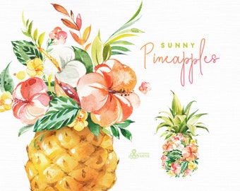 Sunny Pineapples. Watercolor floral clipart, vase, flowers, summer, sun, fun, sunglass, gold, holiday, tropical leaves, jungle, png, diy