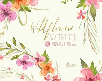 Wildflowers Watercolour Bouquets & Wreaths. Digital Clipart. Handpainted, floral, wedding elements, country flowers, invite, blossom, frames