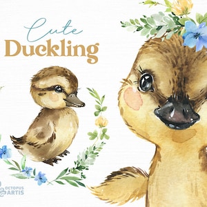 Cute Duckling. Watercolor little animals and floral clipart, Spring, Easter, wreath, flowers, country, cute, farm, nursery art, baby shower