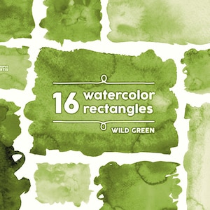 Wild Green Watercolor Rectangles Clipart: 16 Digital files. Paint, brush strokes, splodge, dark green, abstract, background, splash, itw