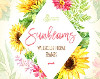 Sunbeams Frames. Watercolor floral clipart, template, invitations, sunflowers, yellow, wedding, greeting card, diy, country, flowers, sunny