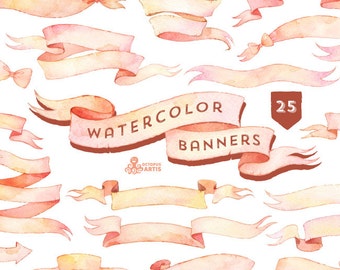 Watercolor Banners, ribbons Clipart: 25 Digital files. Light yellow pink palette. Handpainted, vintage, clip art, separate png, diy elements