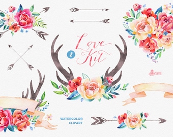 Love Kit 2. Watercolor Clipart, peonies, arrows, antlers, heart, bouquets, valentines, wedding, floral, card, diy clip art, flowers, spring