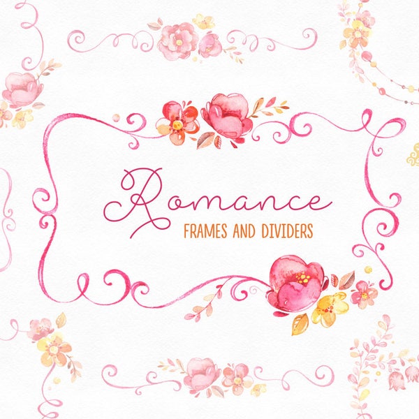 Romance. Frames and Dividers, watercolor clipart, pink, yellow, bridal, flowers, wedding invitation, greetings, floral, spring, romantic