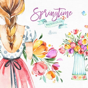 Springtime 2. Watercolor floral clipart, girls, tulips, bouquets, frame, vase, scooter, handcart, spring, template, wedding, flourish, sunny