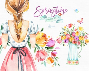 Springtime 2. Watercolor floral clipart, girls, tulips, bouquets, frame, vase, scooter, handcart, spring, template, wedding, flourish, sunny