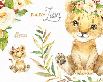 Baby Lion. Watercolor little animal clipart, babies, flowers, safari, Africa, wreath, cub, cute, nursery art, baby-shower, boy, girl