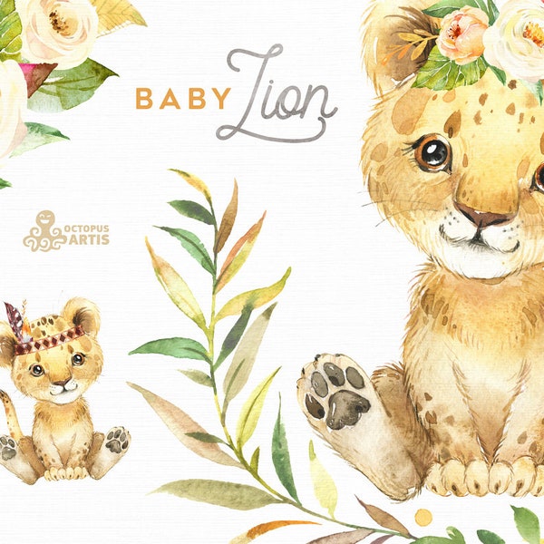 Bebé León. Acuarela pequeño animal clipart, bebés, flores, safari, África, corona, cachorro, lindo, arte infantil, baby-shower, niño, niña