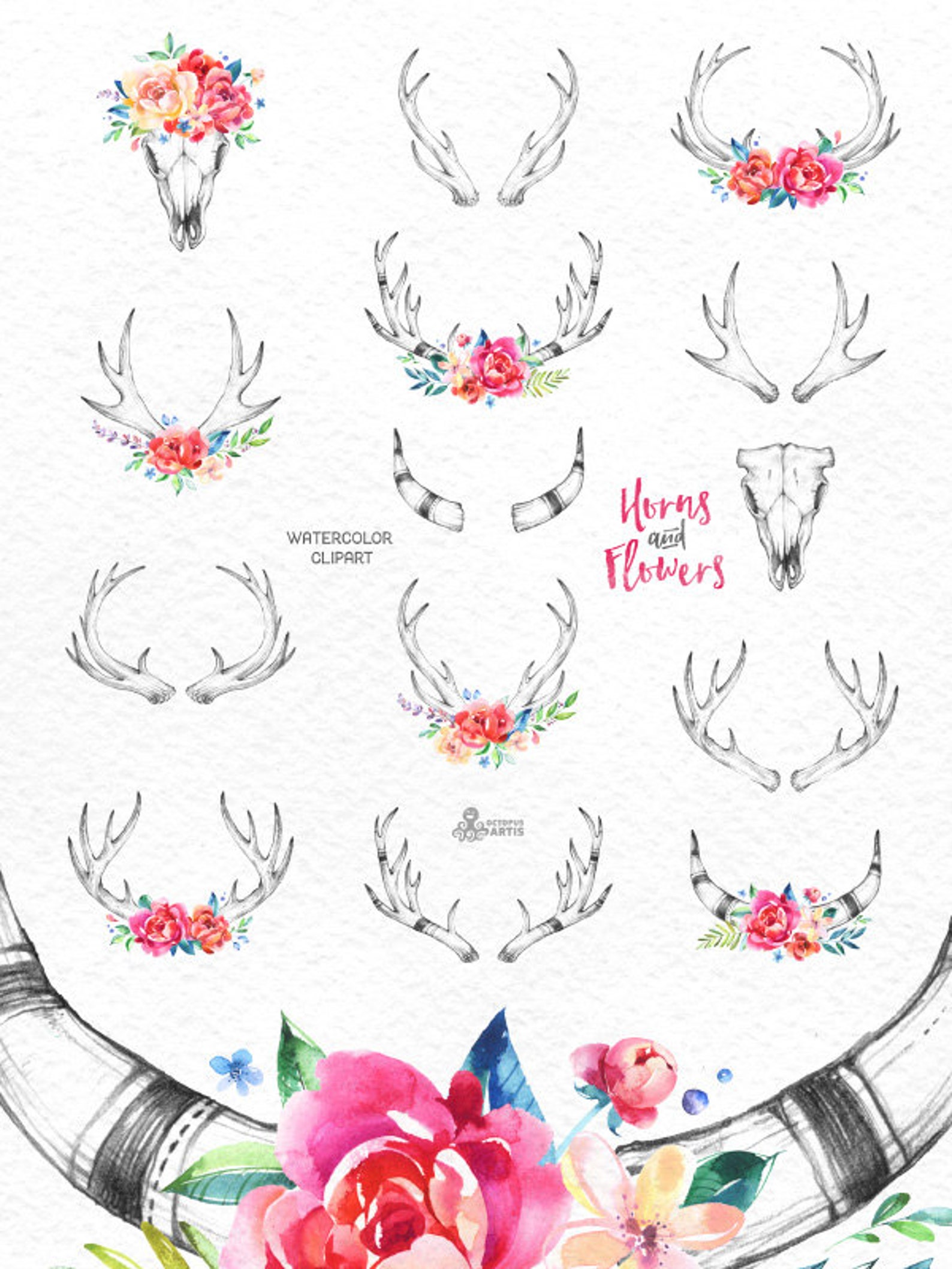 Horns & Flowers. 14 Watercolor clipart floral hand drawing Etsy