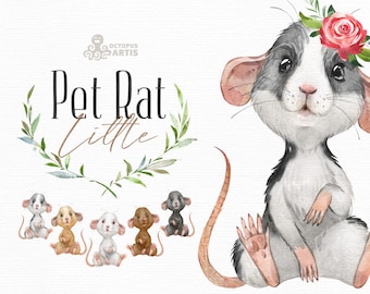Little Pet Rat. Watercolor little animal clipart, portrait, baby, flowers, floral crown, kids nursery, bowtie, gallery, baby shower, art