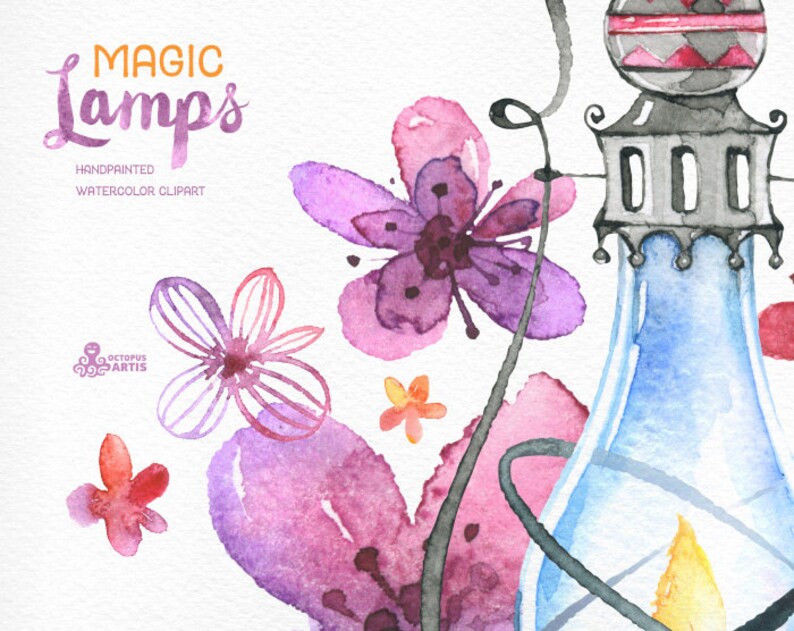 Magic Lamps. Watercolor handpainted clipart, oil lamps, flowers, leaves, vintage, invitation, logo, greetings card, diy clip art, christmas image 3