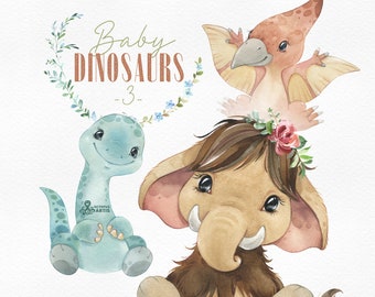 Baby Dinosaurs 3. Watercolor animals, mammoth, pterodactyl, nursery gallery, jurassic party, birthday, baby-shower, prehistoric clip art