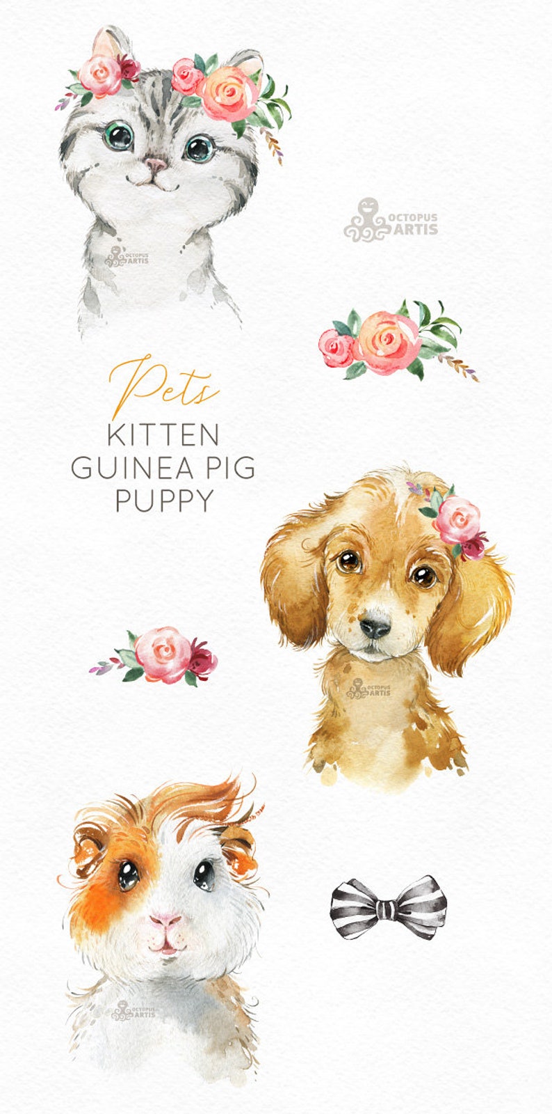 Pets. Kitten, Guinea Pig, Puppy. Watercolor little animals clipart, baby, cavy, sunglasses, pussycat, flowers, kids nursery art, baby-shower image 2