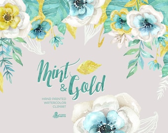 Mint & Gold. Watercolor floral Bouquets and arrangement Clipart. Hand painted flowers, wedding diy, flowers, invite, glitter, christmas