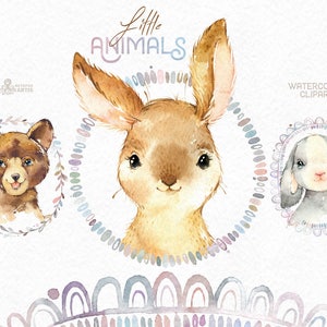 Little Animals. Watercolor clipart, bear, bunny, wreath, rabbit, frames, forest, cute, nice, country, nursery art, nature, realistic, sweet