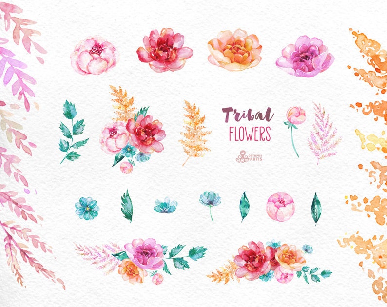 Tribal Flowers. Watercolor Floral Bouquets and Separate - Etsy