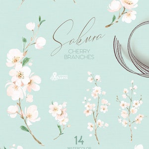 White Sakura. Cherry Branches. Watercolor Floral clipart, fresh, flowers, spring, wedding, bridal, twig, delicate, gentle, garden, girls image 2