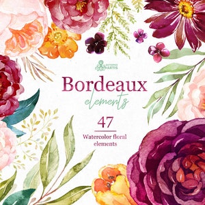 Bordeaux Elements, watercolor floral clipart, burgundy, purple, separate, bridal, wedding, flowers, peony, marsala, trend, bridal, blush
