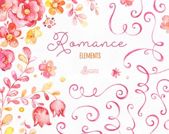 Romance. Elements, watercolor clipart, flourish, monogram, twirl, pink, yellow, bridal, flowers, wedding invitation, greetings, floral