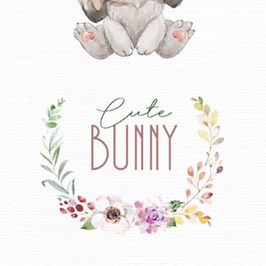 Cute Bunny. Watercolor little animals and floral clipart, Spring, Easter, wreath, rabbit, cute, flowers, country, nursery art, baby shower image 2