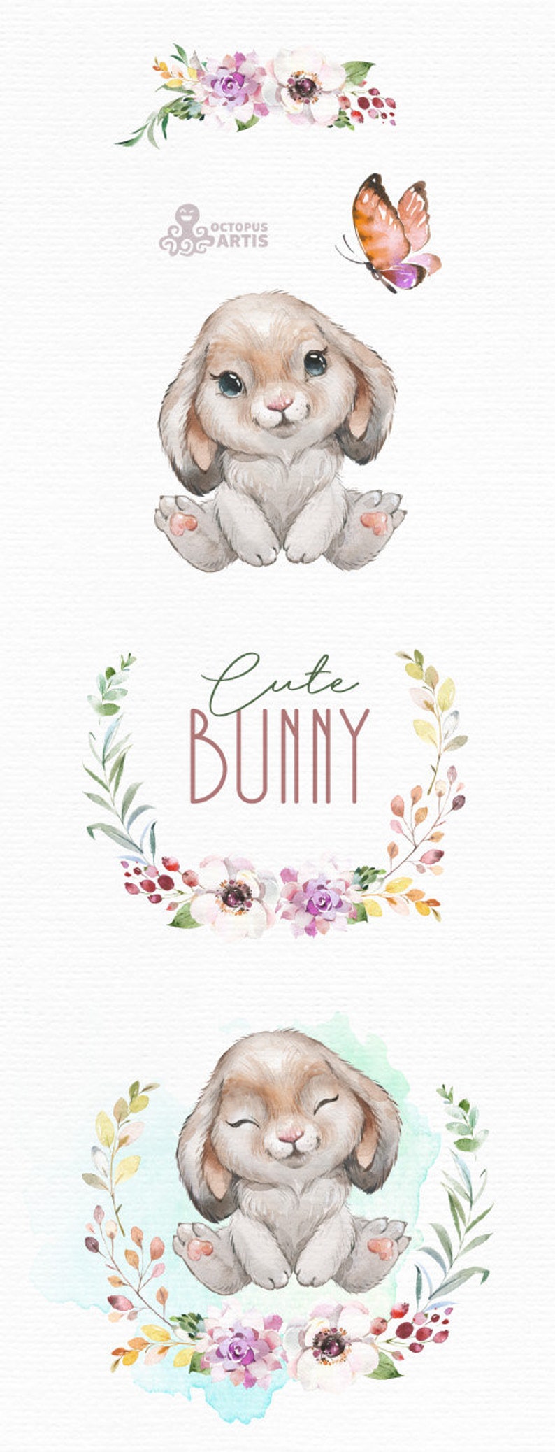 Cute Bunny. Watercolor little animals and floral clipart, Spring, Easter, wreath, rabbit, cute, flowers, country, nursery art, baby shower image 2