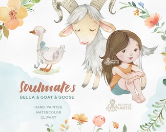 Soulmates. Bella & Goat and Goose. Watercolor farm clipart, flowers png, country friends, baby shower party, birthday decor, inspiration