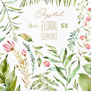 Crystal. 53 Individual Floral Elements. Watercolor clipart, leaves, leaf, greenery, forest, flowers, wild, wedding, bridal, green, png, diy