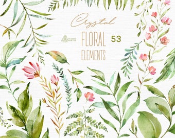 Crystal. 53 Individual Floral Elements. Watercolor clipart, leaves, leaf, greenery, forest, flowers, wild, wedding, bridal, green, png, diy