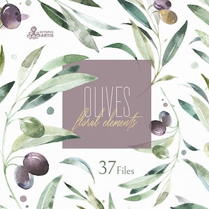 Olives Floral Elements. Watercolor clipart, branches, leaves, twigs, greenery, wedding, leaf, bridal, invitation, dusty trendy modern art