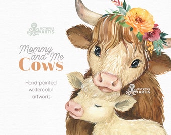 Highland Cows. Mommy & Me. Watercolor little animals clipart, Mothers day clip art, Country, longhaired calf, farm, cow sublimation, nursery