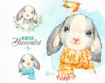 Winter Bunnies 2. Watercolor holiday clipart, rabbit, hare, Christmas, card, wreath, scarf, country, nursery art, nature, realistic, wild