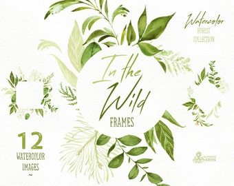 In the Wild. Watercolor floral Frames, arrangements, leaves, wedding invitation, suite, greeting card, clipart, leaf, stickers, planner, itw