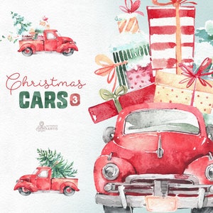 Christmas Cars 3. Watercolor holiday clipart, vintage, retro truck, gifts, Christmas tree, floral wreaths, xmas, merry, holly, greetings