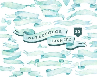 Watercolor Banners, ribbons Clipart: 25 Digital files. Light mint blue palette. Hand painted, vintage, clip art, separate png, diy elements