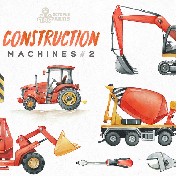 Construction Machines Red pt2. Watercolor clipart, building, Concrete Mixer, Backhoe, Digger, Excavator, Tractor, Boy, equipment, vehicles