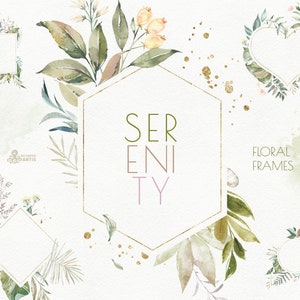 Serenity. Floral Frames. Watercolor clipart, gold, geometric, leaves, dusty green, wedding, leaf, card, flowers, pre-made, diy, invitation