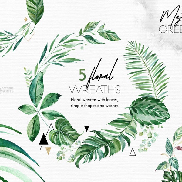 Majestic Green. Wreaths. Watercolor floral & geometric clipart, pre-made, gold, shapes, leaves, wedding, palm, clipart, leaf, tropical, card