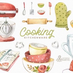 Cooking. Kitchenware. Watercolor clipart, plates, cookware, backing, kitchen, food, bakery, utensils, crockery, tableware, dishes, Christmas