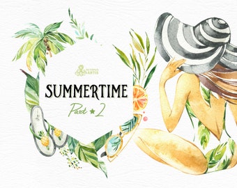 Summertime 2. Wreaths, Frames, Elements. Watercolor holiday clipart, girls, beach, travel, suitcase, floral, tropical leaves, trip, sun, fun
