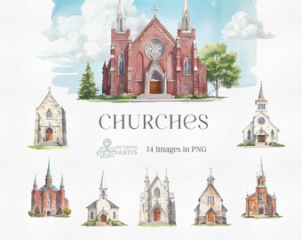 Churches. Watercolor clipart, trees, temple, houses, environment, trees, sky, png, landscape, baptism, architecture, venue, cathedral, cloud