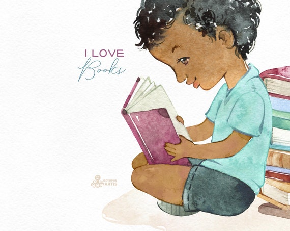 I Love Books Dark Skin Watercolor Boy Clipart, Rabbit, Reading, Outdoor,  Nature, Florals, Friends, Little Kids, Nursery, Cute, Pet, Bunny 