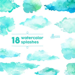 Watercolor Splashes Clipart: 18 Digital files. Hand painted, brush strokes, splodge, pools, splotch, abstract watercolour, background mint image 2