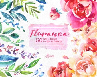 Florence. 50 Watercolor floral Elements, hand painted clipart, peonies, floral wedding invite, pink, greeting card, diy clip art, flowers