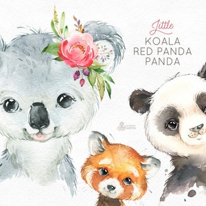 Little Koala Red Panda Panda. Watercolor animals clipart, portrait, flowers, kid, cute, nursery art, nature, realistic, friends, baby-shower