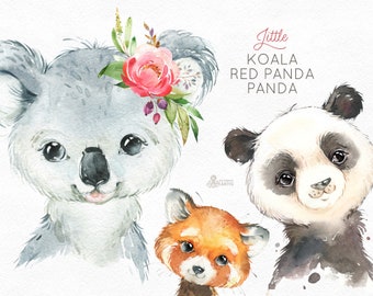 Little Koala Red Panda Panda. Watercolor animals clipart, portrait, flowers, kid, cute, nursery art, nature, realistic, friends, baby-shower