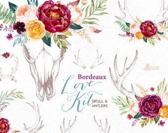 Bordeaux. Love Kit Skull & Antlers. Watercolor floral clipart, wreaths, banner, frames, clipart, burgundy, maroon, bridal, wedding, flowers