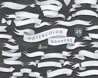 Watercolor Banners, ribbons Clipart: 25 Digital files. Silver grey color palette. Handpainted, vintage, clip art, separate png, diy elements